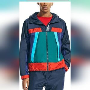 NAUTICA Colorblock Hooded Windbreaker Jacket Full Zip Mens 2XL Blue (New $168)
